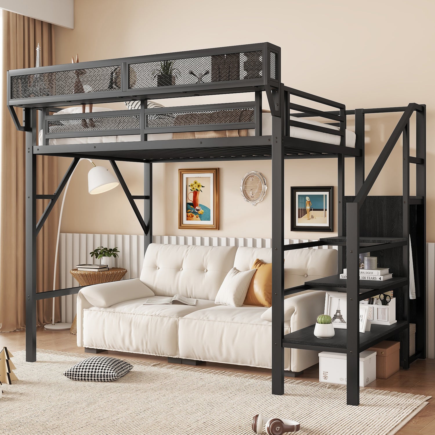 Mirightone™ Twin Size Loft Bed with Stairs and Storage, Metal Loft Bed Frame , Black