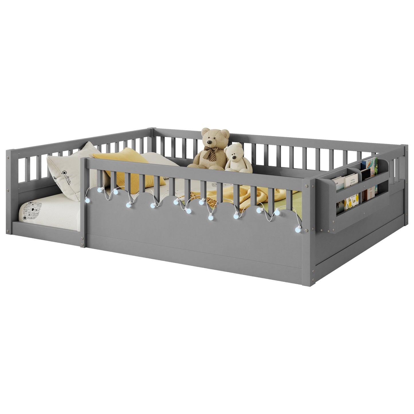 Mirightone™ Montessori Floor Bed Frame with High Rails, Wood Kids Floor Beds with Light and Storage Shelf