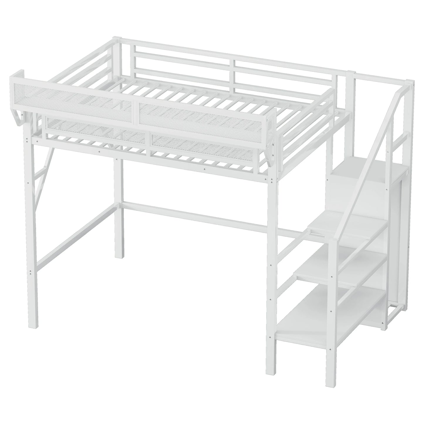 Whitemetalloftbedframewithstairsandstorageshelves_modernminimalistloftbed