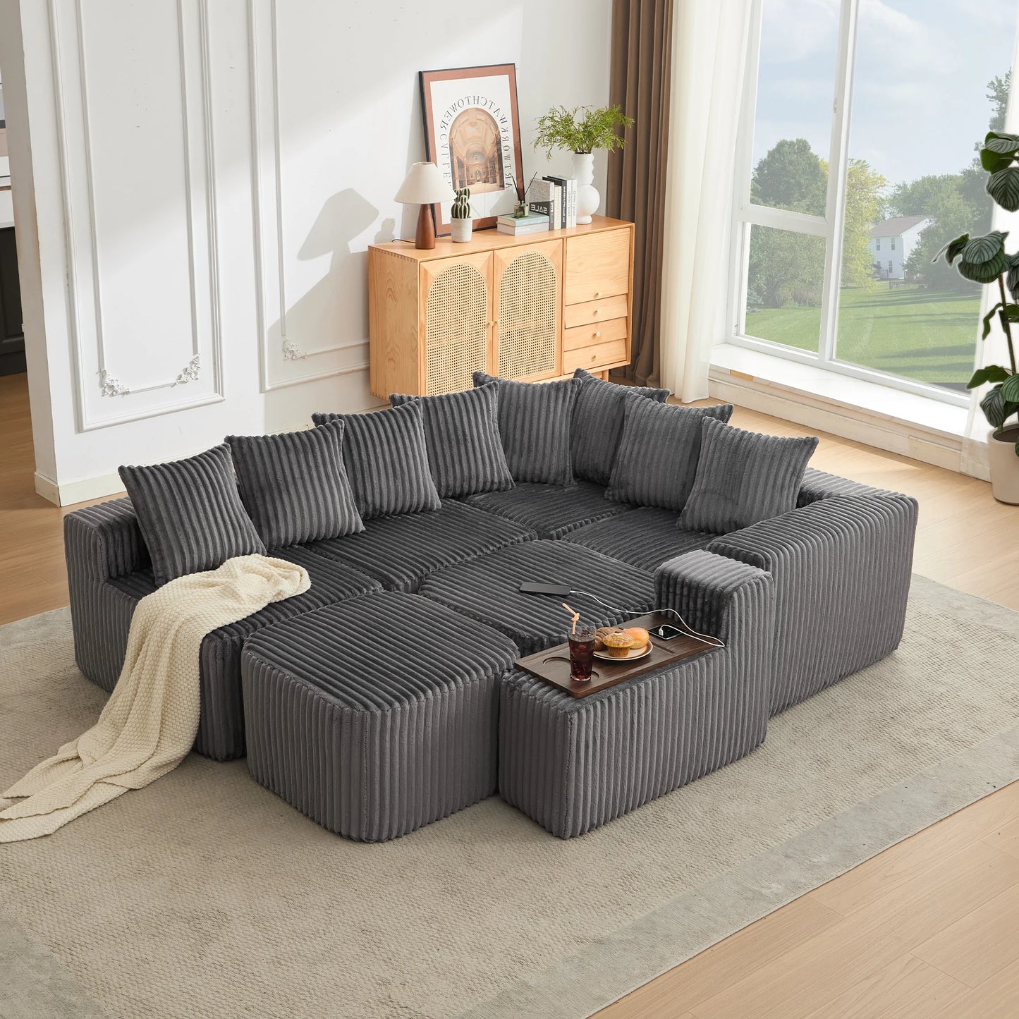 Mirightone™ 137.5" U Shaped Sofa Couch with USB, Wireless Charge & Coffee Table