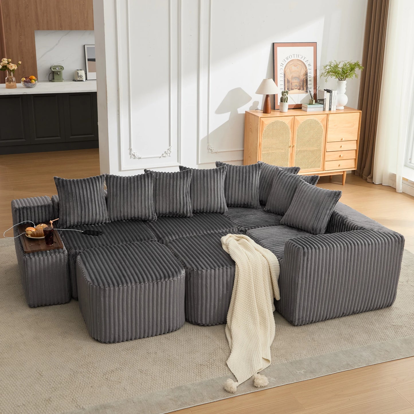 Mirightone™ 137.5" U Shaped Sofa Couch with USB, Wireless Charge & Coffee Table