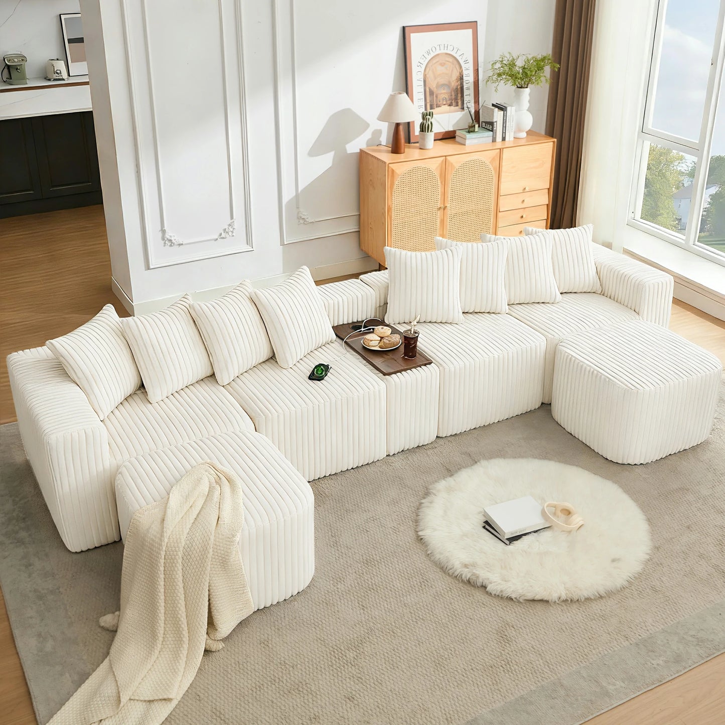 Mirightone™ 137.5" U Shaped Sofa Couch with USB, Wireless Charge & Coffee Table