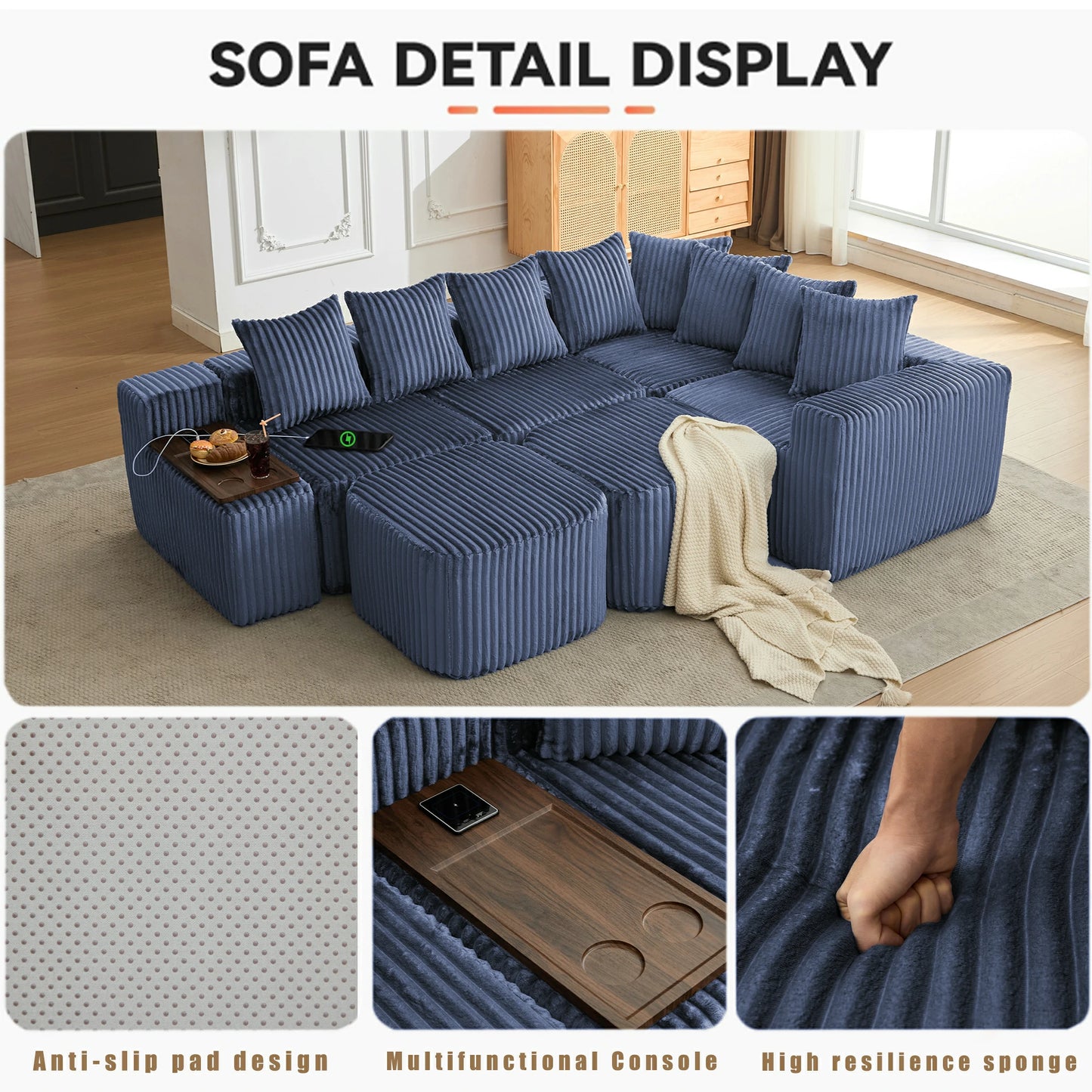 Mirightone™ 137.5" U Shaped Sofa Couch with USB, Wireless Charge & Coffee Table