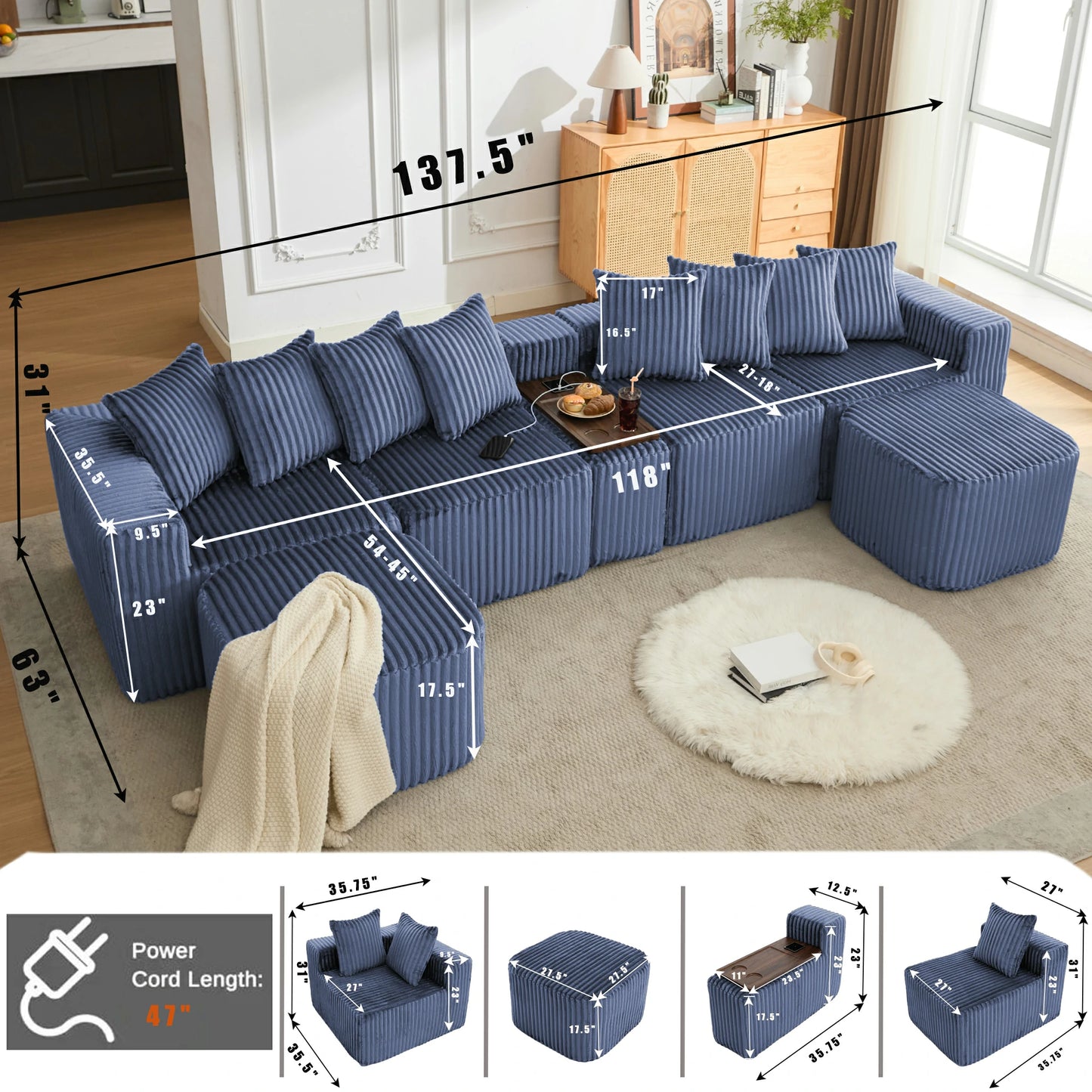 Mirightone™ 137.5" U Shaped Sofa Couch with USB, Wireless Charge & Coffee Table