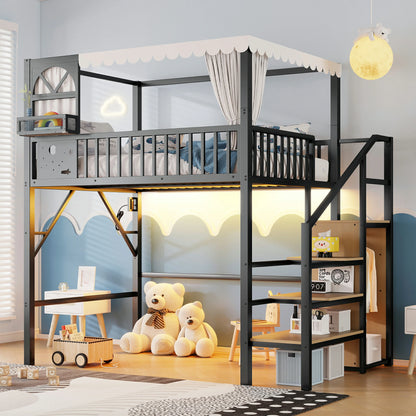Mirightone™ Full Loft Bed with Storage Stairs and Light ,Metal Loft Bed with Canopy Frame and Window Design,High Loft Bed with Wardrobe for Kids Teens, Black(Expect Arrival Date 2026/6/23)(Patented products)