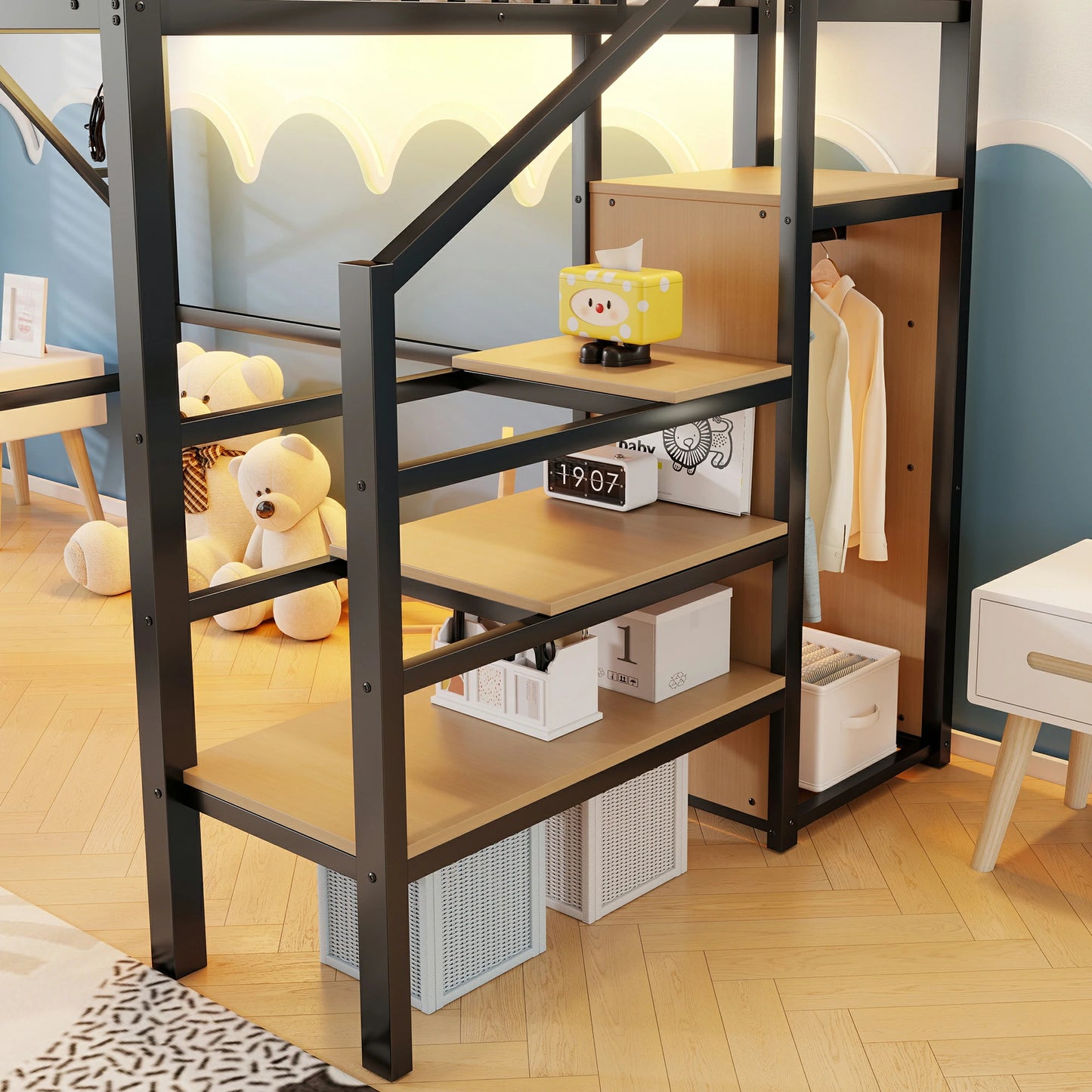 Mirightone™ Full Loft Bed with Storage Stairs and Light ,Metal Loft Bed with Canopy Frame and Window Design,High Loft Bed with Wardrobe for Kids Teens, Black(Expect Arrival Date 2026/6/23)(Patented products)