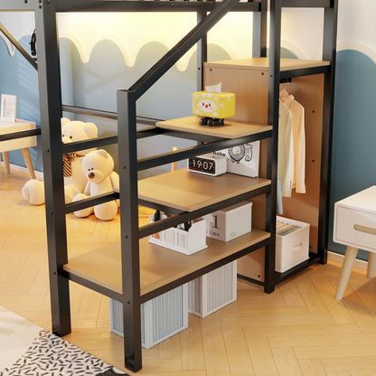 Mirightone™ Full Loft Bed with Storage Stairs and Light ,Metal Loft Bed with Canopy Frame and Window Design,High Loft Bed with Wardrobe for Kids Teens, Black(Expect Arrival Date 2026/6/23)(Patented products)