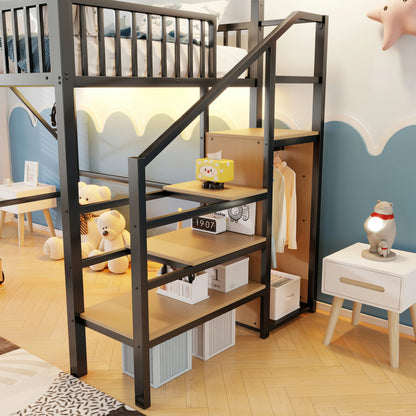 Mirightone™ Full Loft Bed with Storage Stairs and Light ,Metal Loft Bed with Canopy Frame and Window Design,High Loft Bed with Wardrobe for Kids Teens, Black(Expect Arrival Date 2026/6/23)(Patented products)