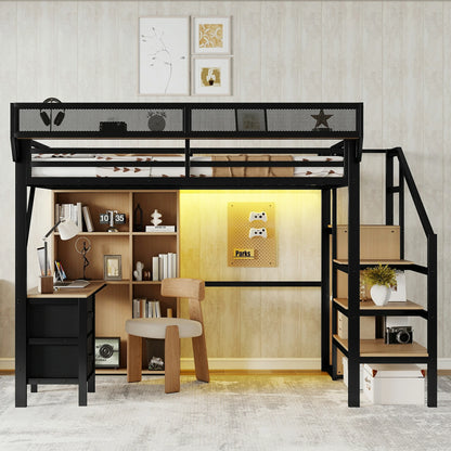 Mirightone™ Full Size Loft Bed with Desk and Charging Station ,7 Open Storage Spaces and LED Lighting ,Designed for Children and Teens,Black