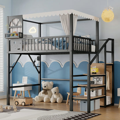 Mirightone™ Full Loft Bed with Storage Stairs and Light ,Metal Loft Bed with Canopy Frame and Window Design,High Loft Bed with Wardrobe for Kids Teens, Black(Expect Arrival Date 2026/6/23)(Patented products)
