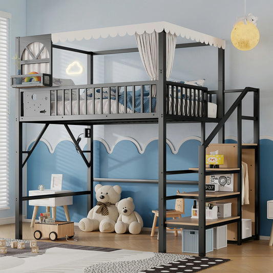 Mirightone™ Full Loft Bed with Storage Stairs and Light ,Metal Loft Bed with Canopy Frame and Window Design,High Loft Bed with Wardrobe for Kids Teens, Black(Expect Arrival Date 2026/6/23)(Patented products)