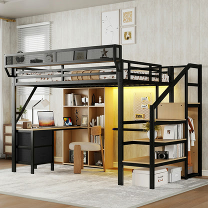 Mirightone™ Full Size Loft Bed with Desk and Charging Station ,7 Open Storage Spaces and LED Lighting ,Designed for Children and Teens,Black