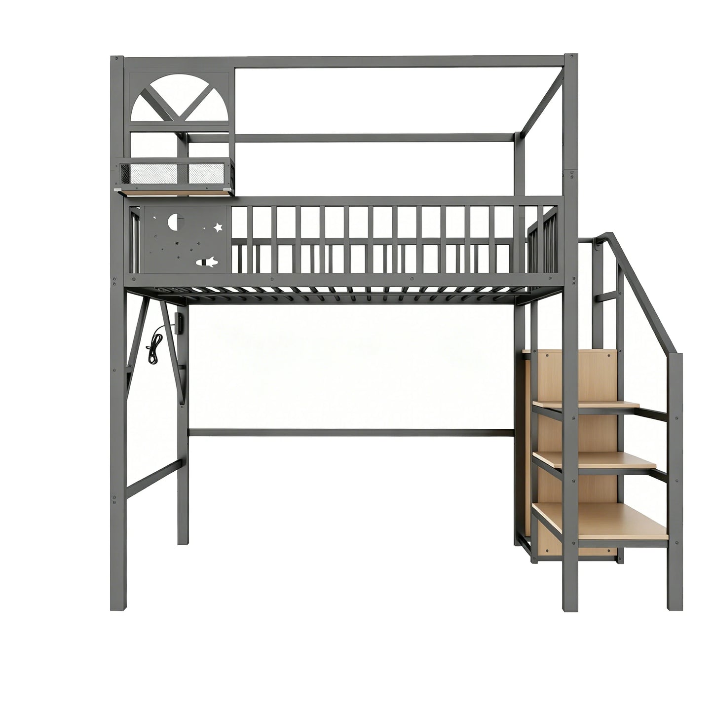 Mirightone™ Full Loft Bed with Storage Stairs and Light ,Metal Loft Bed with Canopy Frame and Window Design,High Loft Bed with Wardrobe for Kids Teens, Black(Expect Arrival Date 2026/6/23)(Patented products)