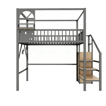 Mirightone™ Full Loft Bed with Storage Stairs and Light ,Metal Loft Bed with Canopy Frame and Window Design,High Loft Bed with Wardrobe for Kids Teens, Black(Expect Arrival Date 2026/6/23)(Patented products)