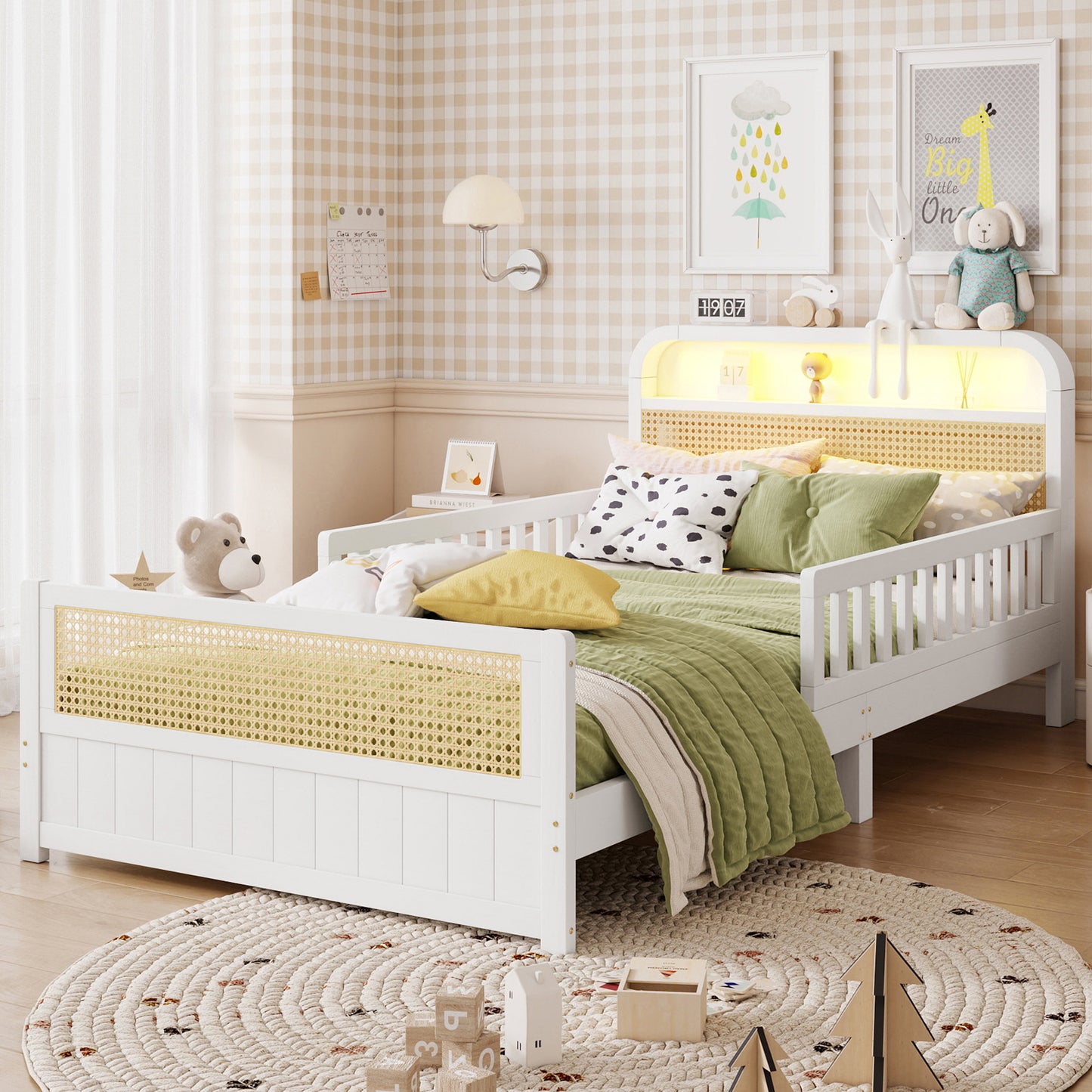 Mirightone™ Rattan Bed Frame with LED Lights and Storage Headboard, Platform Bed with Safety Guardrails for Kids, Natural Kids Bed Frame with Rattan Headboard and Footboard, No Box Spring Needed