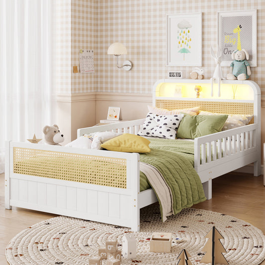 Mirightone™ Rattan Bed Frame with LED Lights and Storage Headboard, Platform Bed with Safety Guardrails for Kids, Natural Kids Bed Frame with Rattan Headboard and Footboard, No Box Spring Needed