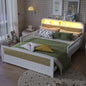 Mirightone™ Rattan Bed Frame with LED Lights and Storage Headboard, Platform Bed with Safety Guardrails for Kids, Natural Kids Bed Frame with Rattan Headboard and Footboard, No Box Spring Needed