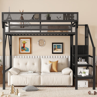 Mirightone™  Twin Size Loft Bed with Stairs and Storage, Metal Loft Bed Frame , Black