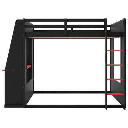 Mirightone™ Wood Bunk Bed with Gaming Desk and Storage Shelf, Gaming Bunk Bed with LED Light & Charging for Gamer Adults