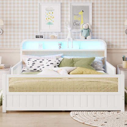Mirightone™ Rattan Bed Frame with LED Lights and Storage Headboard, Platform Bed with Safety Guardrails for Kids, Natural Kids Bed Frame with Rattan Headboard and Footboard, No Box Spring Needed