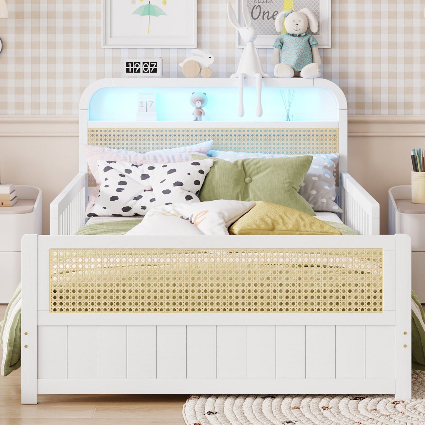 Mirightone™ Rattan Bed Frame with LED Lights and Storage Headboard, Platform Bed with Safety Guardrails for Kids, Natural Kids Bed Frame with Rattan Headboard and Footboard, No Box Spring Needed