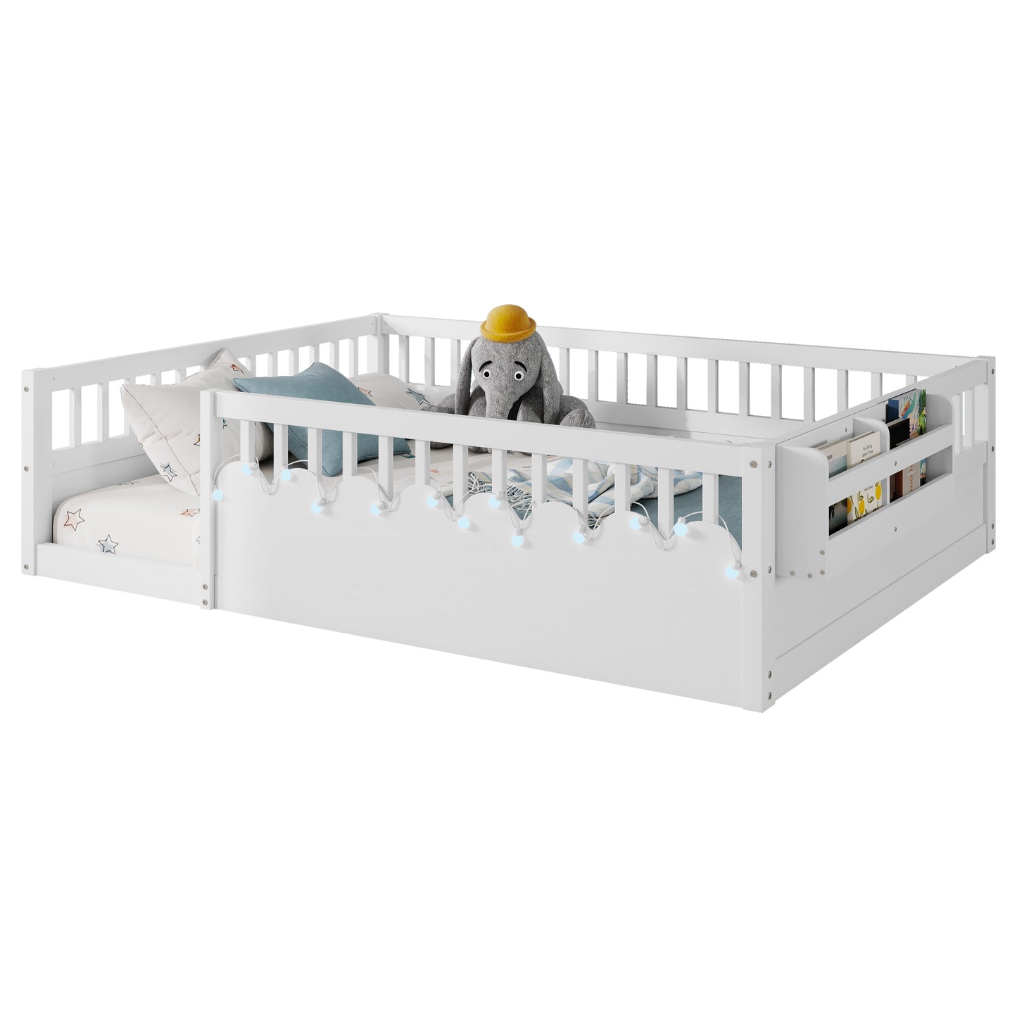 Mirightone™  Montessori Floor Bed Frame with High Rails, Wood Kids Floor Beds with Light and Storage Shelf