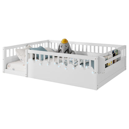 Mirightone™  Montessori Floor Bed Frame with High Rails, Wood Kids Floor Beds with Light and Storage Shelf