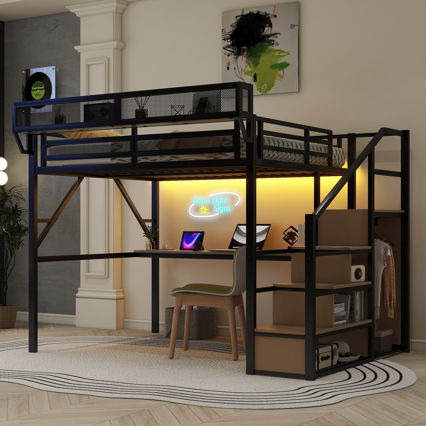 Mirightone™  Loft Bed with Desk and Charging Station, Metal Loft Bed with Stairs and Light for Kids Teens