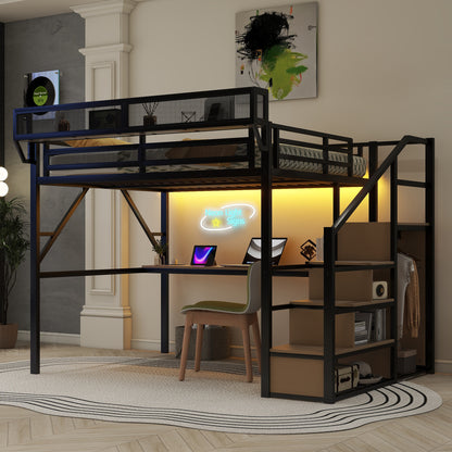 Mirightone™  Loft Bed with Desk and Charging Station, Metal Loft Bed with Stairs and Light for Kids Teens