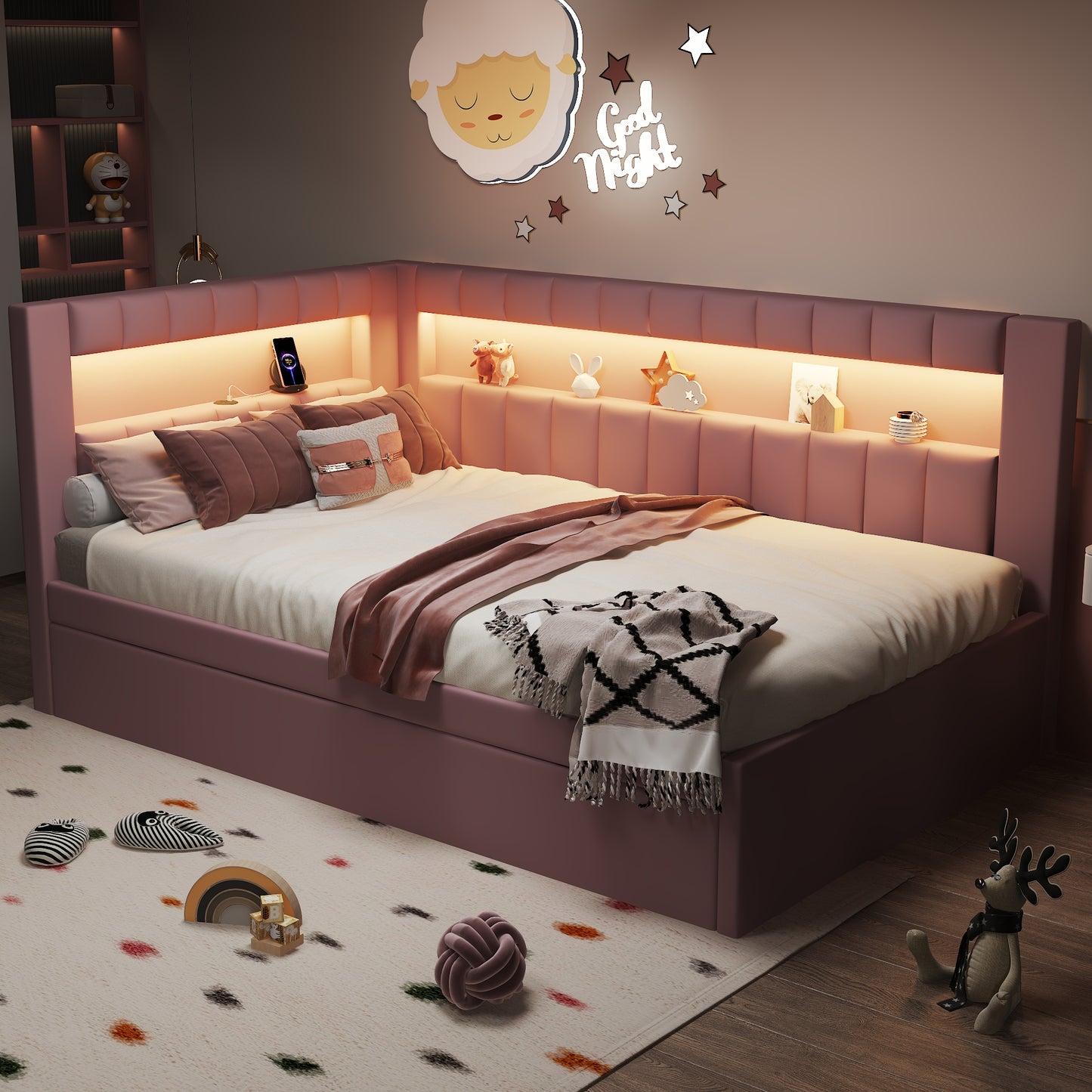 Mirightone™ Upholstered Daybed with Desk and Storage, Corner Bed with LED Light & Charging Station for Adults Teens Kids