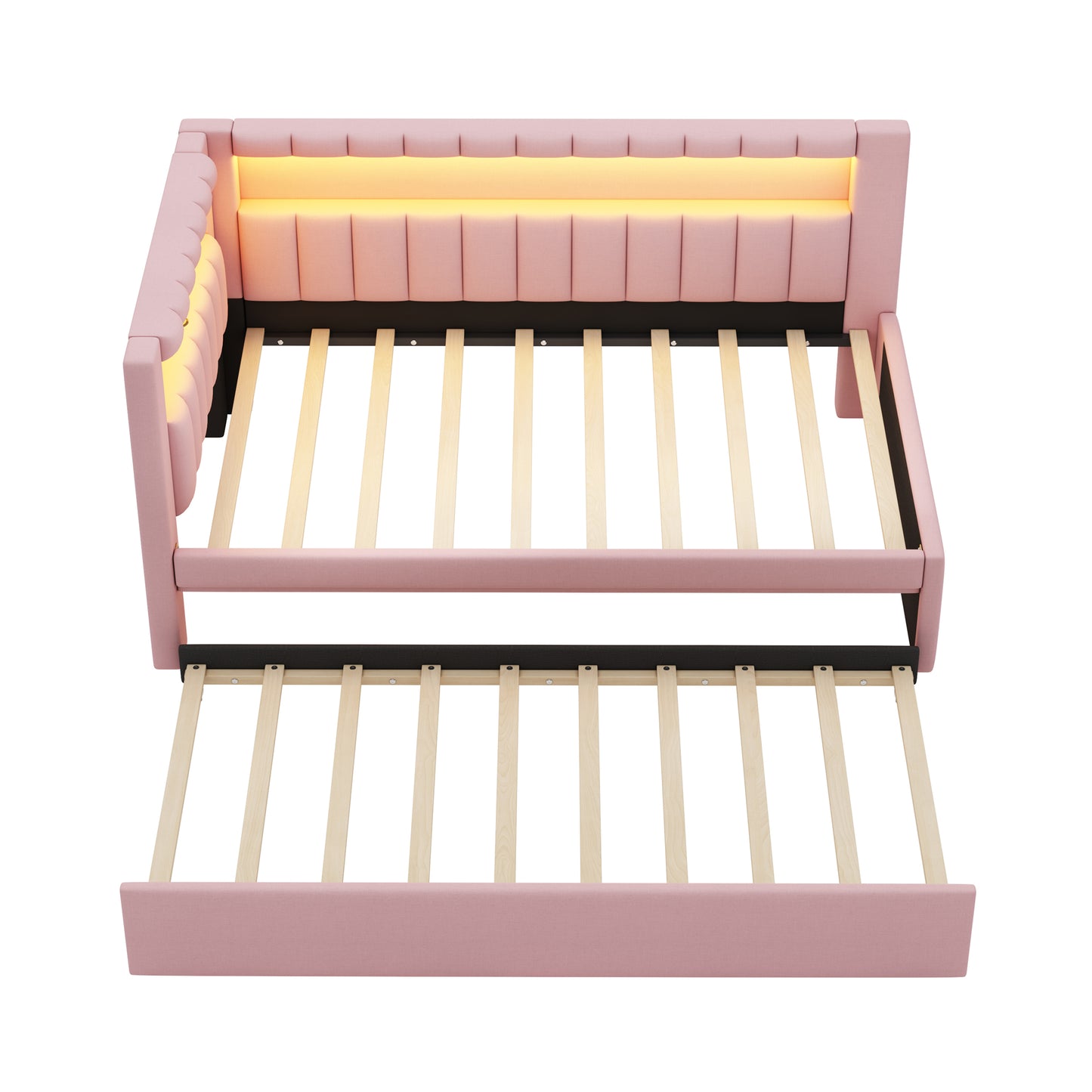 Mirightone™ Upholstered Daybed with Desk and Storage, Corner Bed with LED Light & Charging Station for Adults Teens Kids