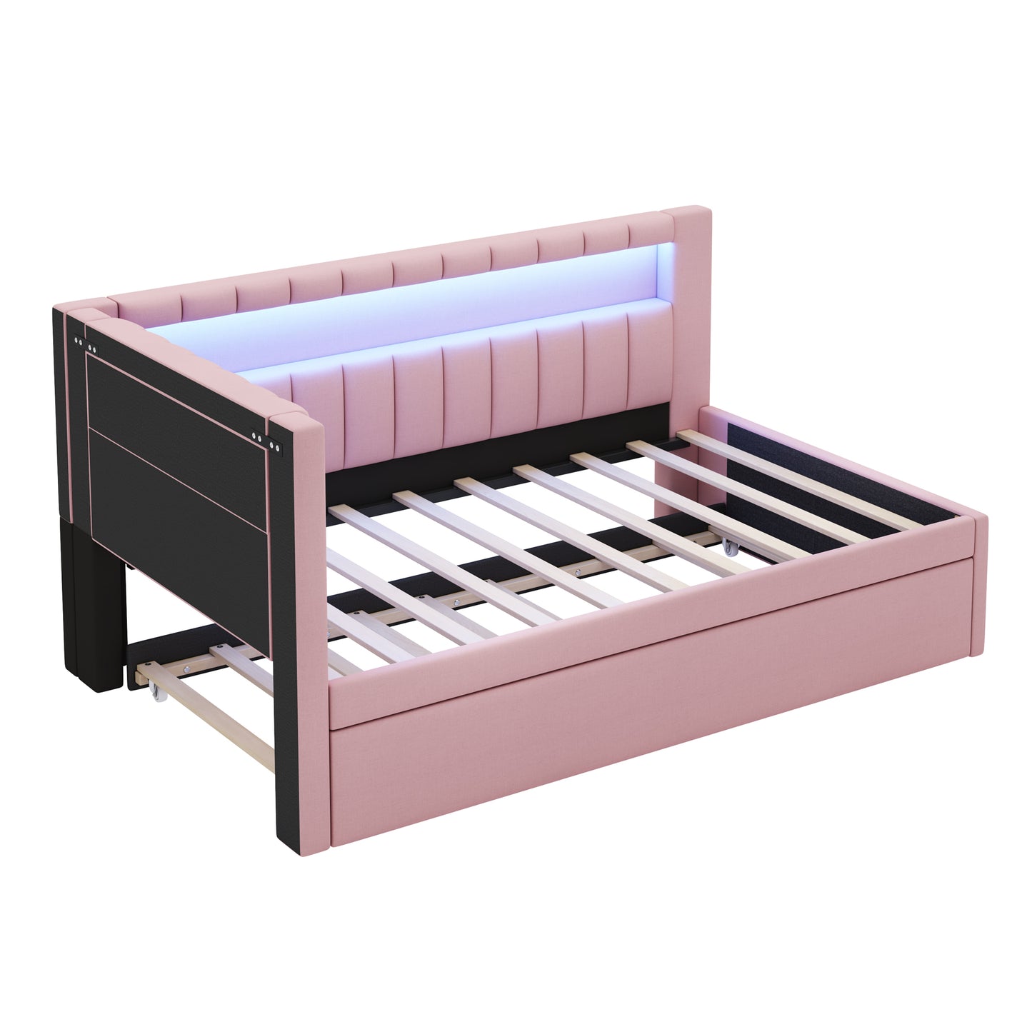 Mirightone™ Upholstered Daybed with Desk and Storage, Corner Bed with LED Light & Charging Station for Adults Teens Kids