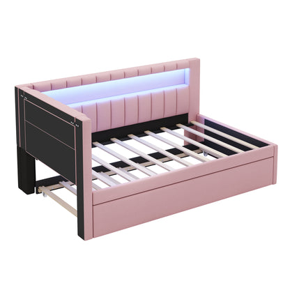 Mirightone™ Upholstered Daybed with Desk and Storage, Corner Bed with LED Light & Charging Station for Adults Teens Kids