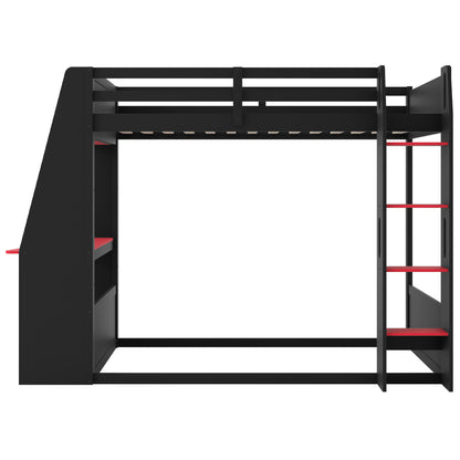 Mirightone™ Wood Bunk Bed with Gaming Desk and Storage Shelf, Gaming Bunk Bed with LED Light & Charging for Gamer Adults