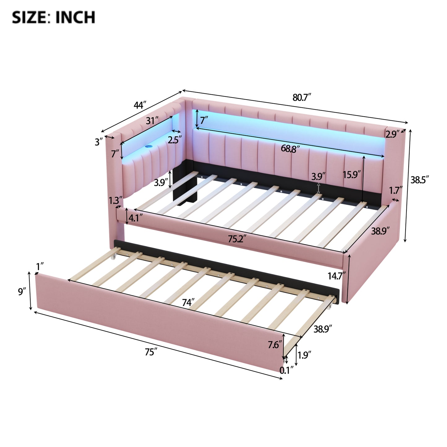 Mirightone™ Upholstered Daybed with Desk and Storage, Corner Bed with LED Light & Charging Station for Adults Teens Kids
