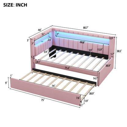 Mirightone™ Upholstered Daybed with Desk and Storage, Corner Bed with LED Light & Charging Station for Adults Teens Kids