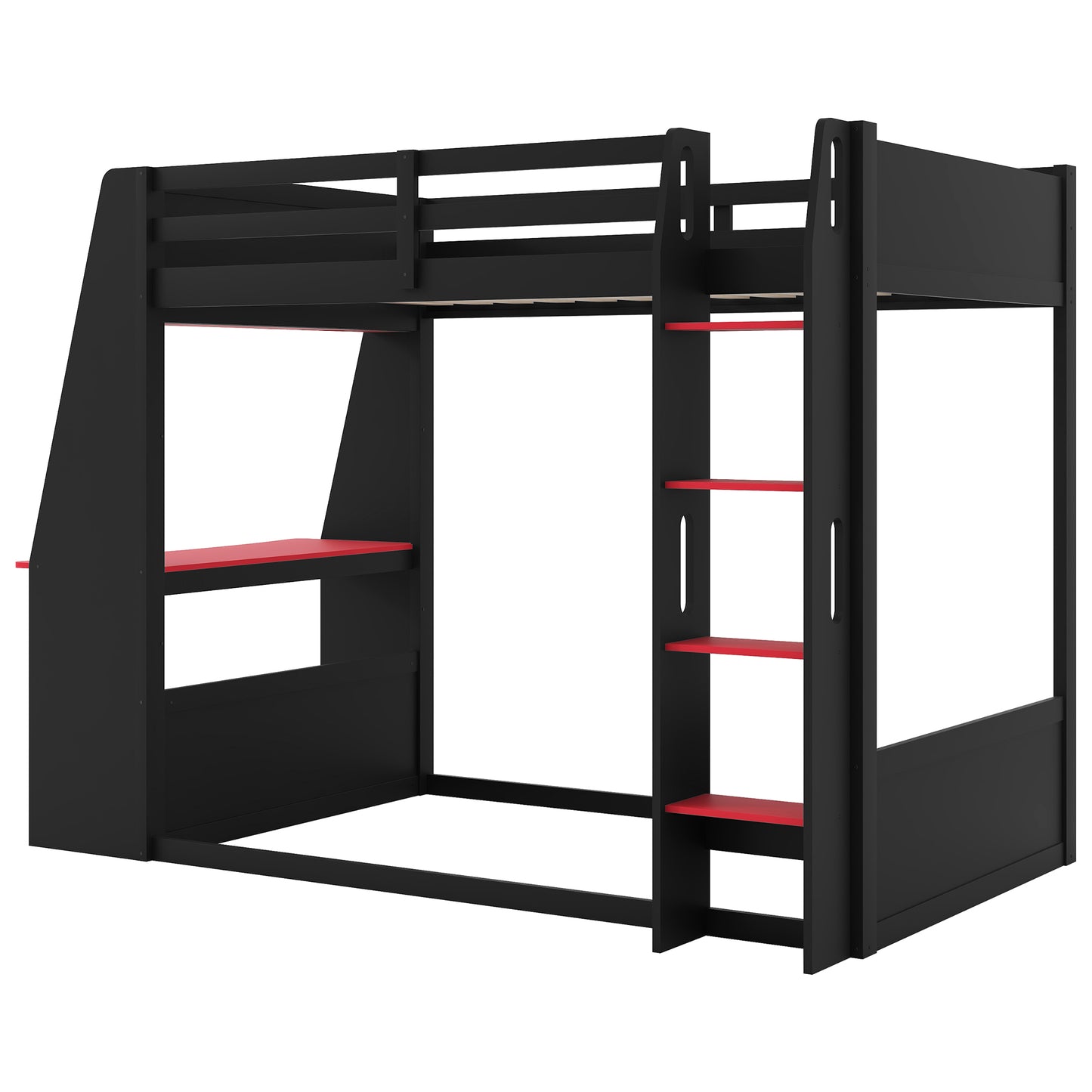 Mirightone™ Wood Bunk Bed with Gaming Desk and Storage Shelf, Gaming Bunk Bed with LED Light & Charging for Gamer Adults