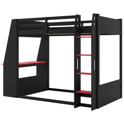 Mirightone™ Wood Bunk Bed with Gaming Desk and Storage Shelf, Gaming Bunk Bed with LED Light & Charging for Gamer Adults