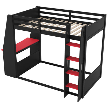 Mirightone™ Wood Bunk Bed with Gaming Desk and Storage Shelf, Gaming Bunk Bed with LED Light & Charging for Gamer Adults