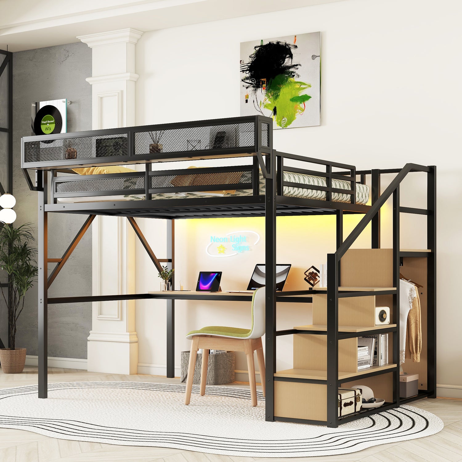 Mirightone™  Loft Bed with Desk and Charging Station, Metal Loft Bed with Stairs and Light for Kids Teens
