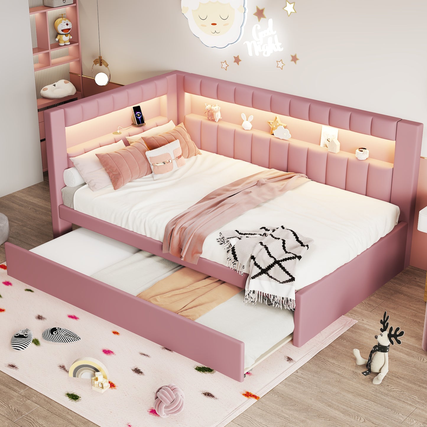 Mirightone™ Upholstered Daybed with Desk and Storage, Corner Bed with LED Light & Charging Station for Adults Teens Kids