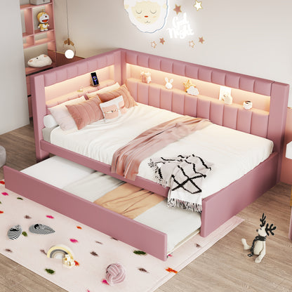 Mirightone™ Upholstered Daybed with Desk and Storage, Corner Bed with LED Light & Charging Station for Adults Teens Kids