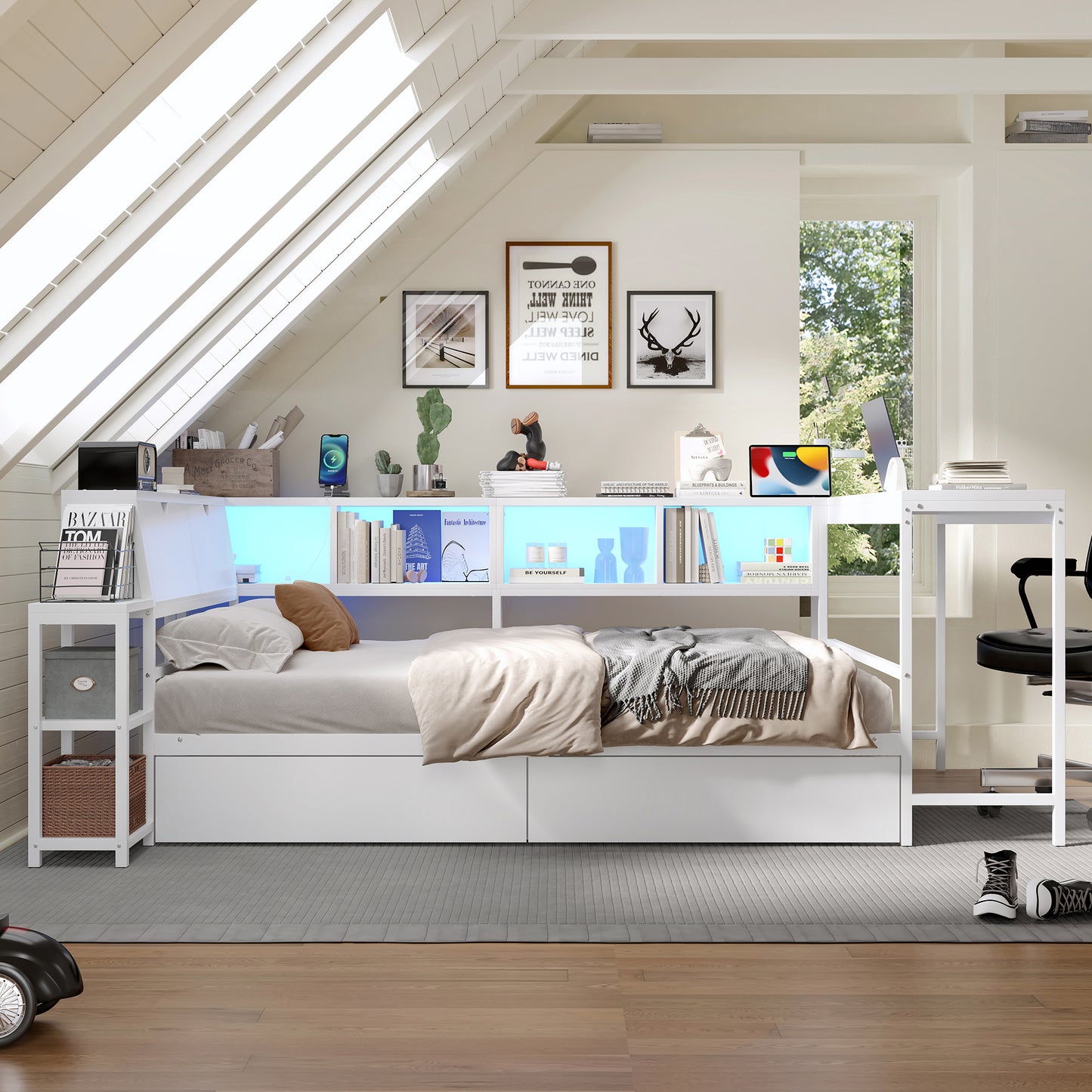 Mirightone™ Daybed with Desk and Storage, Corner Bed Frame with LED Light & Charging Station for Adults Teens Kids, White