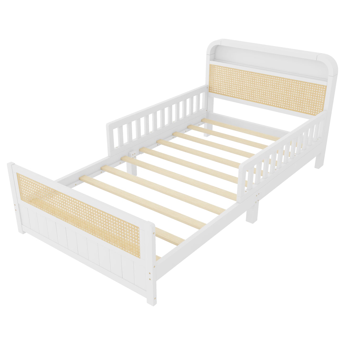 Mirightone™ Rattan Bed Frame with LED Lights and Storage Headboard, Platform Bed with Safety Guardrails for Kids, Natural Kids Bed Frame with Rattan Headboard and Footboard, No Box Spring Needed
