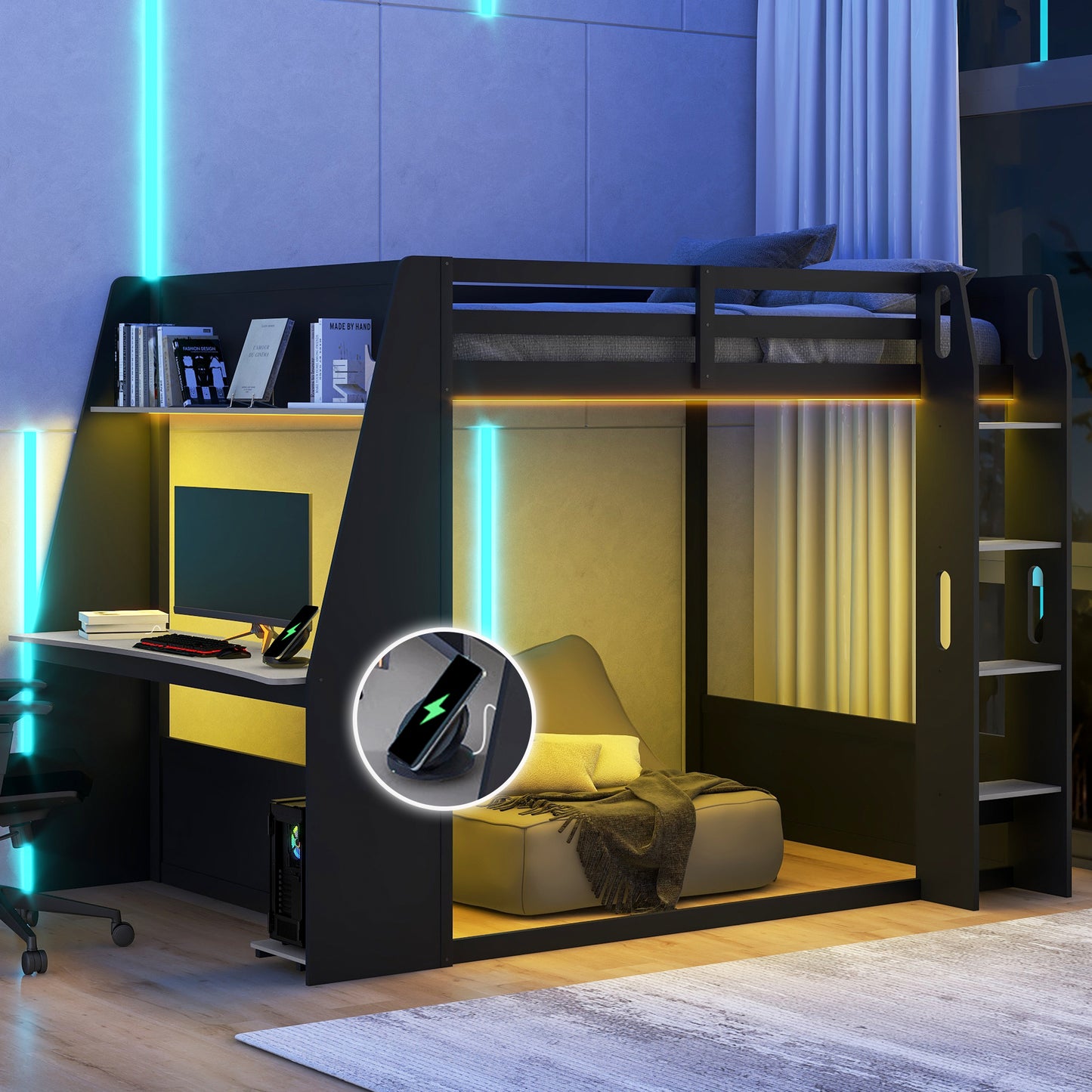 Mirightone™ Wood Bunk Bed with Gaming Desk and Storage Shelf, Gaming Bunk Bed with LED Light & Charging for Gamer Adults