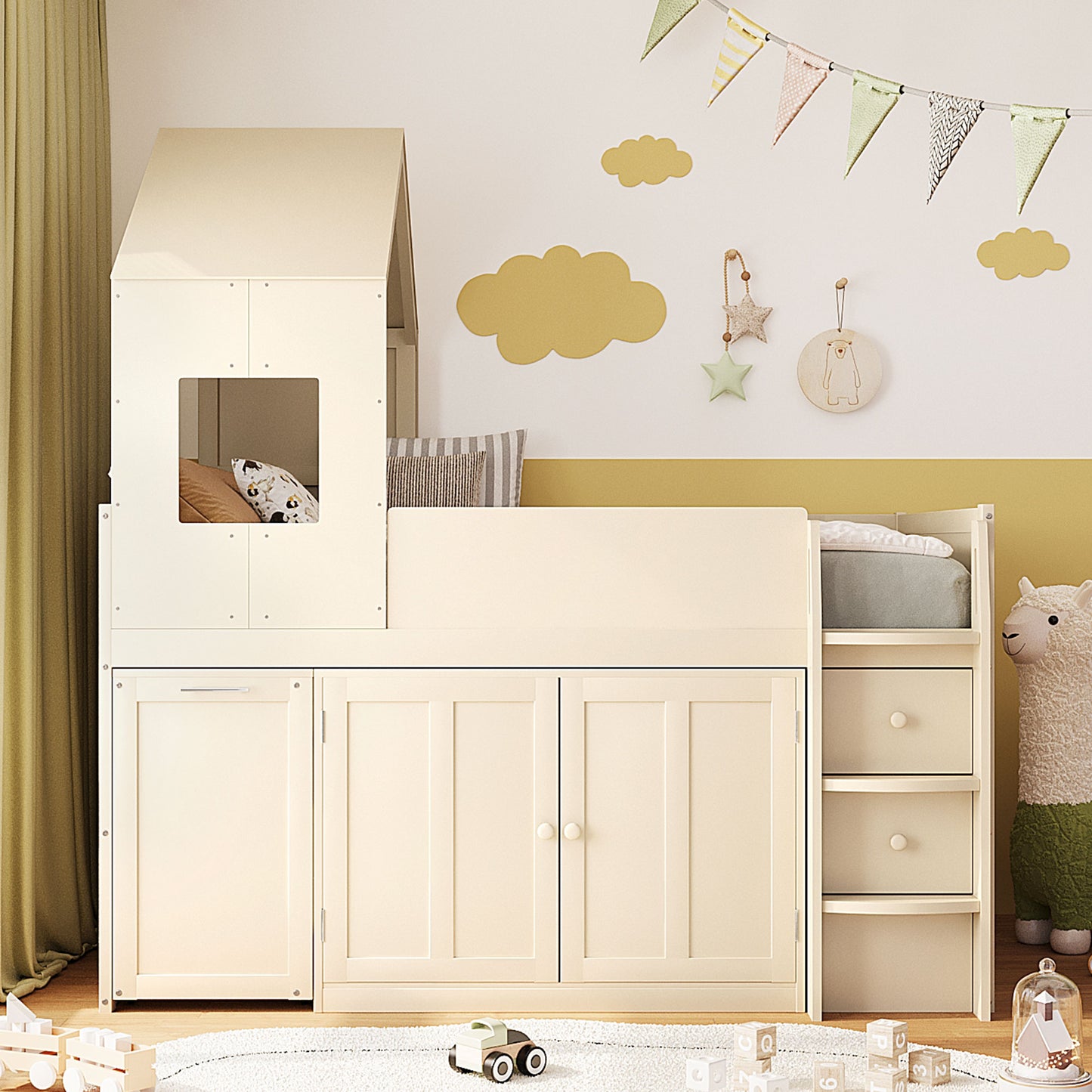 Mirightone™ Twin Size Low Loft Bed with Desk and Storage Cabinets White