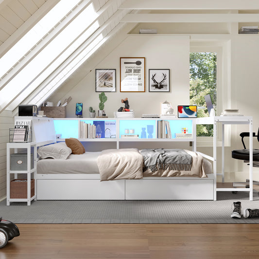 Mirightone™ Daybed with Desk and Storage, Corner Bed Frame with LED Light & Charging Station for Adults Teens Kids, White