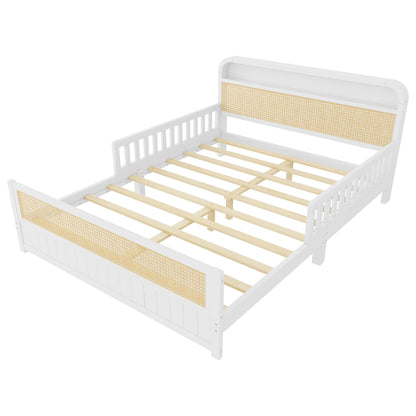 Mirightone™ Rattan Bed Frame with LED Lights and Storage Headboard, Platform Bed with Safety Guardrails for Kids, Natural Kids Bed Frame with Rattan Headboard and Footboard, No Box Spring Needed