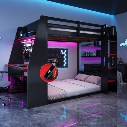 Mirightone™ Wood Bunk Bed with Gaming Desk and Storage Shelf, Gaming Bunk Bed with LED Light & Charging for Gamer Adults