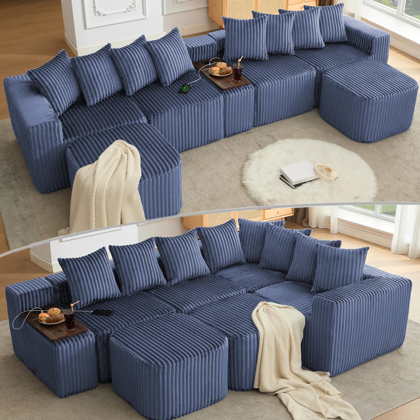Mirightone™ 137.5" U Shaped Sofa Couch with USB, Wireless Charge & Coffee Table